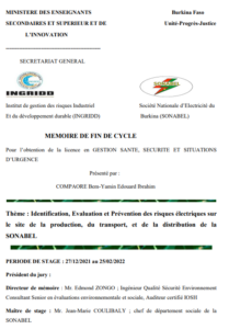 Identification, Evaluation et Prévention des risques électriques sur le site de la production, du transport, et de la distribution de la SONABEL
